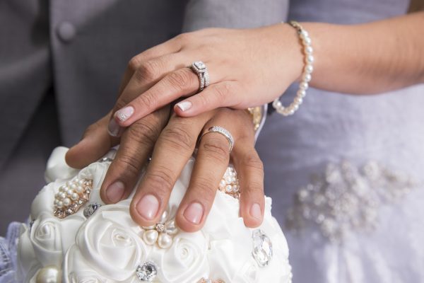 Just married couple showing rings