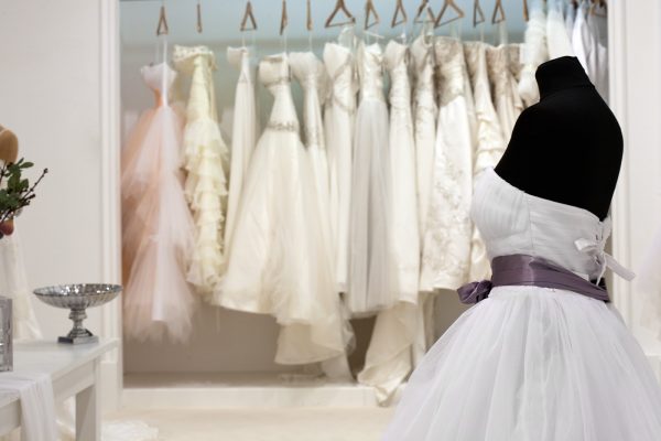 Collection of wedding dresses in the shop