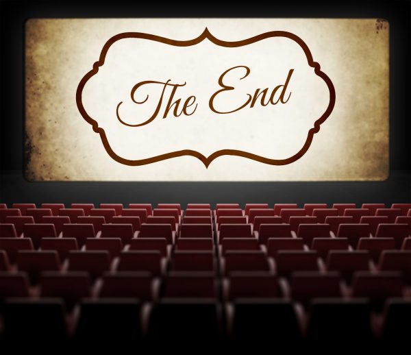 The End screen of Movie in old retro cinema, view from audience